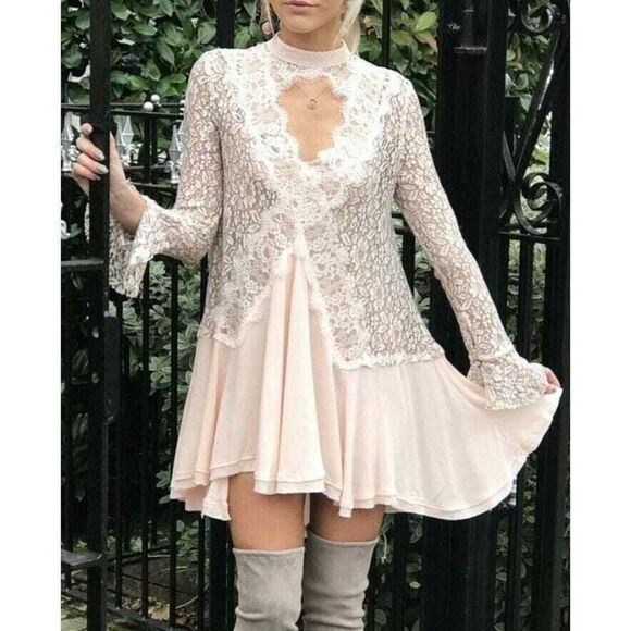 Free People Dresses & Skirts - Free People Tunic Dress S Lace Cutout Preppy Romantic Festival Boho Chic Pink